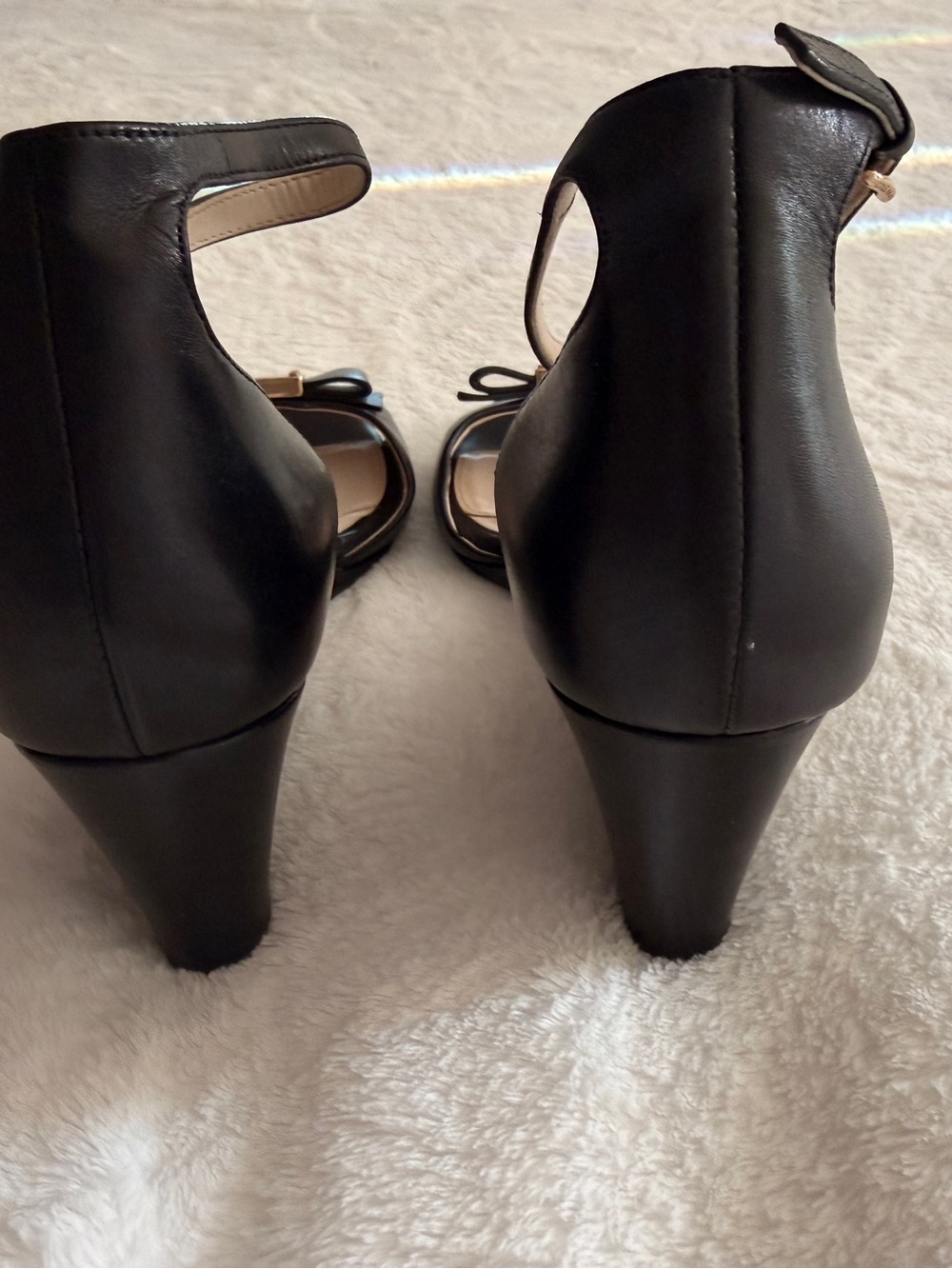 Cole Haan Black Leather Ankle-Strap Bow Heels with Gold Plaque - Picture 7 of 7